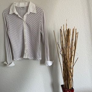 Y2k||grunge||vintage|| see-through mesh, brown/white pinstripe, button up blouse